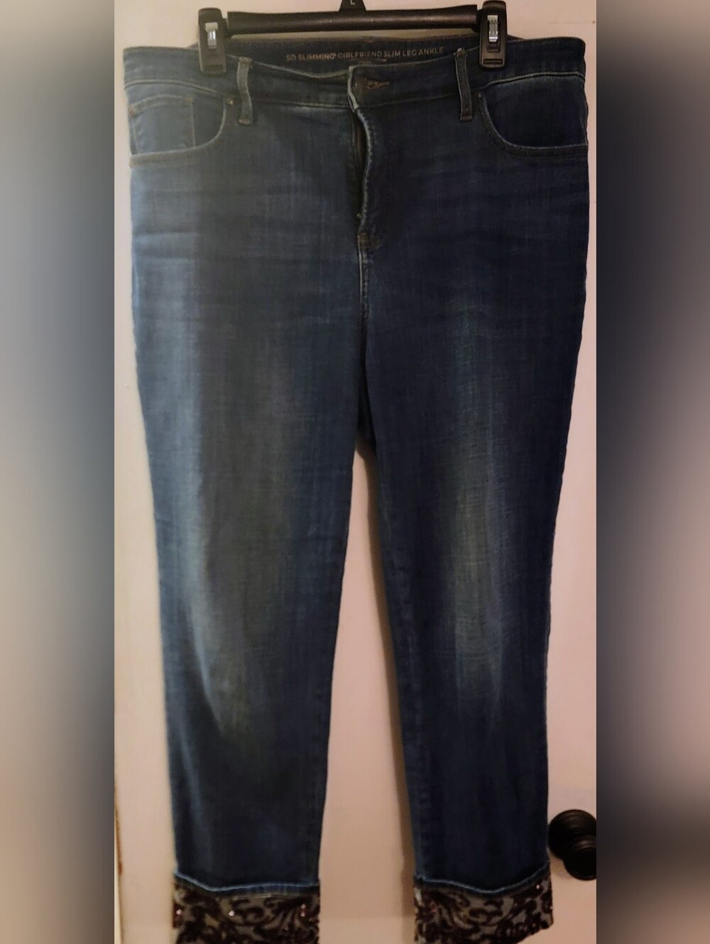 Chico's Dark Blue Slim Ankle Jeans with Patterned Cuff